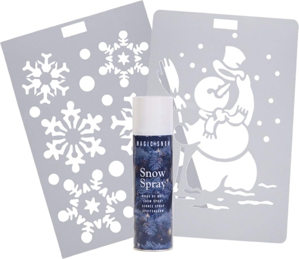 Kerst raamsjablonen - 2x st - sneeuwpop en sneeuwvlokken - incl. sneeuwspray 150 ml