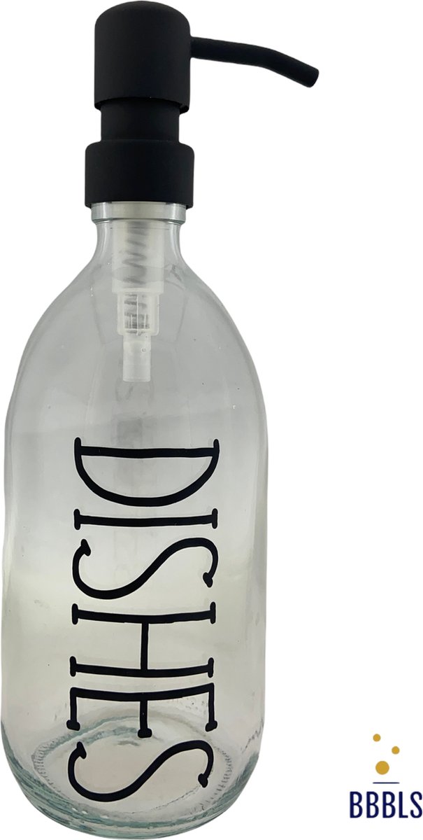 BBBLS Design Dispenser "Dishes" | Transparant Kunststof | 500ml | RVS / Metaal Pomp Zwart | Zeeppomp | Zeepdispenser | Zeephouder