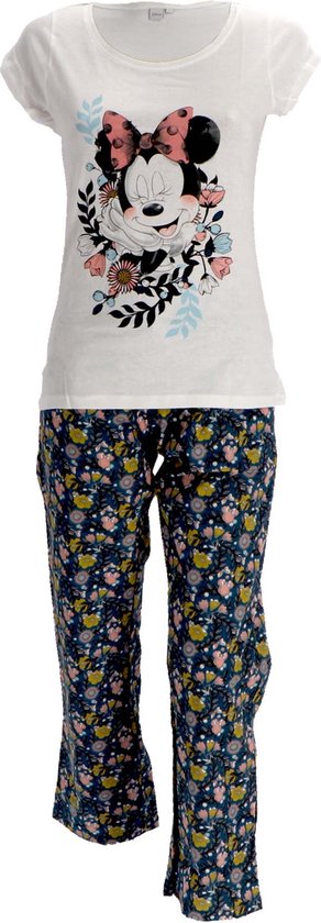 Disney dames pyjama Minnie Mouse, gebloemd wit/blauw maat L