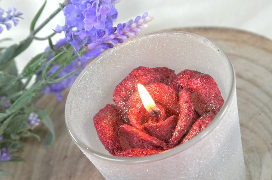 Moederdag Special 2024: Candles by Milanne, Grote Rode Roos Glitterkaars in exclusief glas. H: 8.5 cm - BEKIJK VIDEO