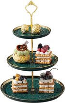 Cupcakestandaard, keramiek, taartstandaard met 3 lagen ingelegde gouden dieren, tafels, fruitborden voor salontafel, decoratie, cupcake en borden, dessert, standaard (groen)