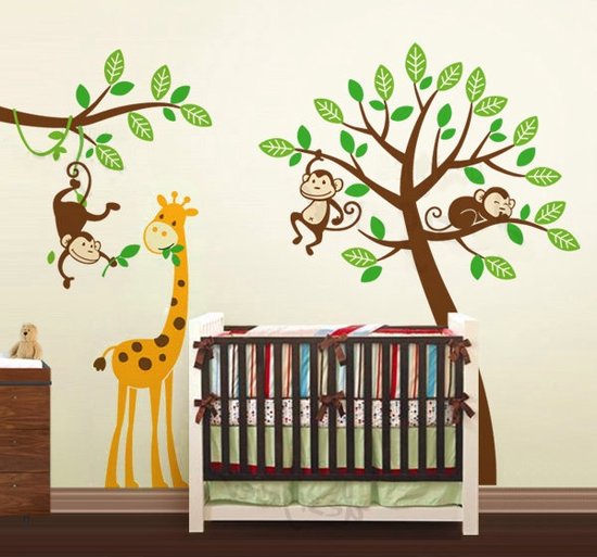 Muursticker Jungle Boom met Aapjes en Giraffe XXL (links) | Kinderkamer | Babykamer | Dieren | Decoratie Sticker | Kind | Jongenskamer