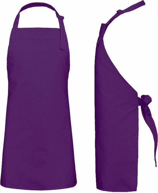 Tablier violet pour enfants, vu de face et de profil. Avec tour de cou et attaches latérales.