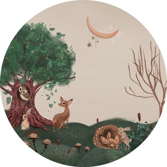 Papier peint cercle Forêt Enchantée #2 - Ø 100 cm - Forêt Enchantée - Animaux de la forêt - Forêt Magique - Papier peint cercle autocollant - Cercle mural intérieur