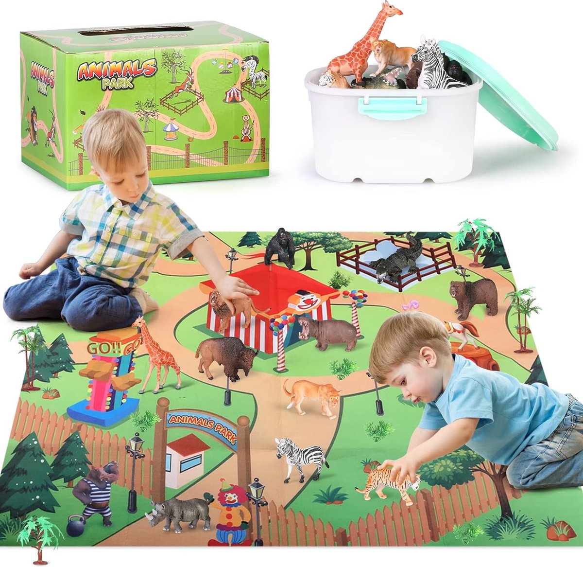 Figurine animale 24 pièces, jouets animaux pour garçons et filles de 3 ans,  jouets animaux avec tapis de jeu d'activité et arbres, animaux de la