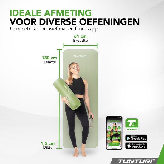 Vrouw met mintgroene Tunturi yogamat van 180x60x1.5cm, breedte 61cm, lengte 180cm.