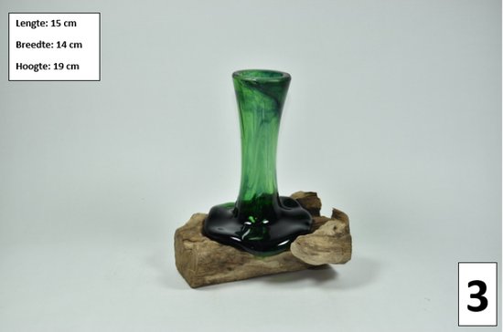 Prohobtools - Gesmolten glas op hout - Bloemenvaas -van gerecycleerde bierflessen - Decoratief Beeld - Glazen vaas op stronk - Boomstronk met glas - Ideaal als cadeau