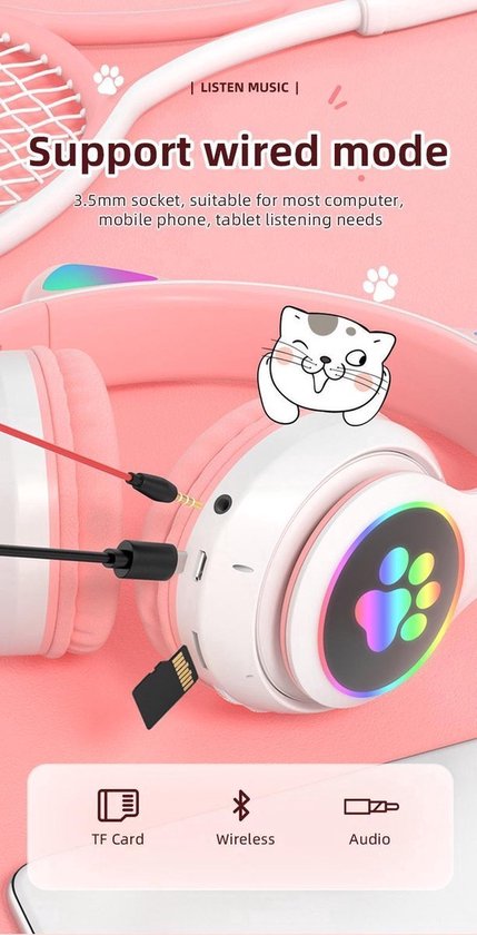 Kinder Hoofdtelefoon-Draadloze Koptelefoon-Kids Headset-Over Ear-Bluetooth-Microfoon-Katten Oortjes-Led Verlichting-Lila - Merkloos