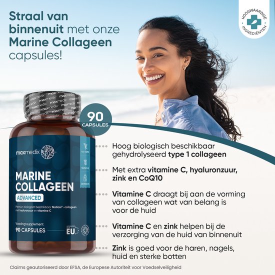maxmedix Marine Collageen capsules 1200 mg - Met Hyaluronzuur, Zink, CoQ10 en Vitamine C - 90 capsules - Laboratorium getest collageen supplement - Maxmedix