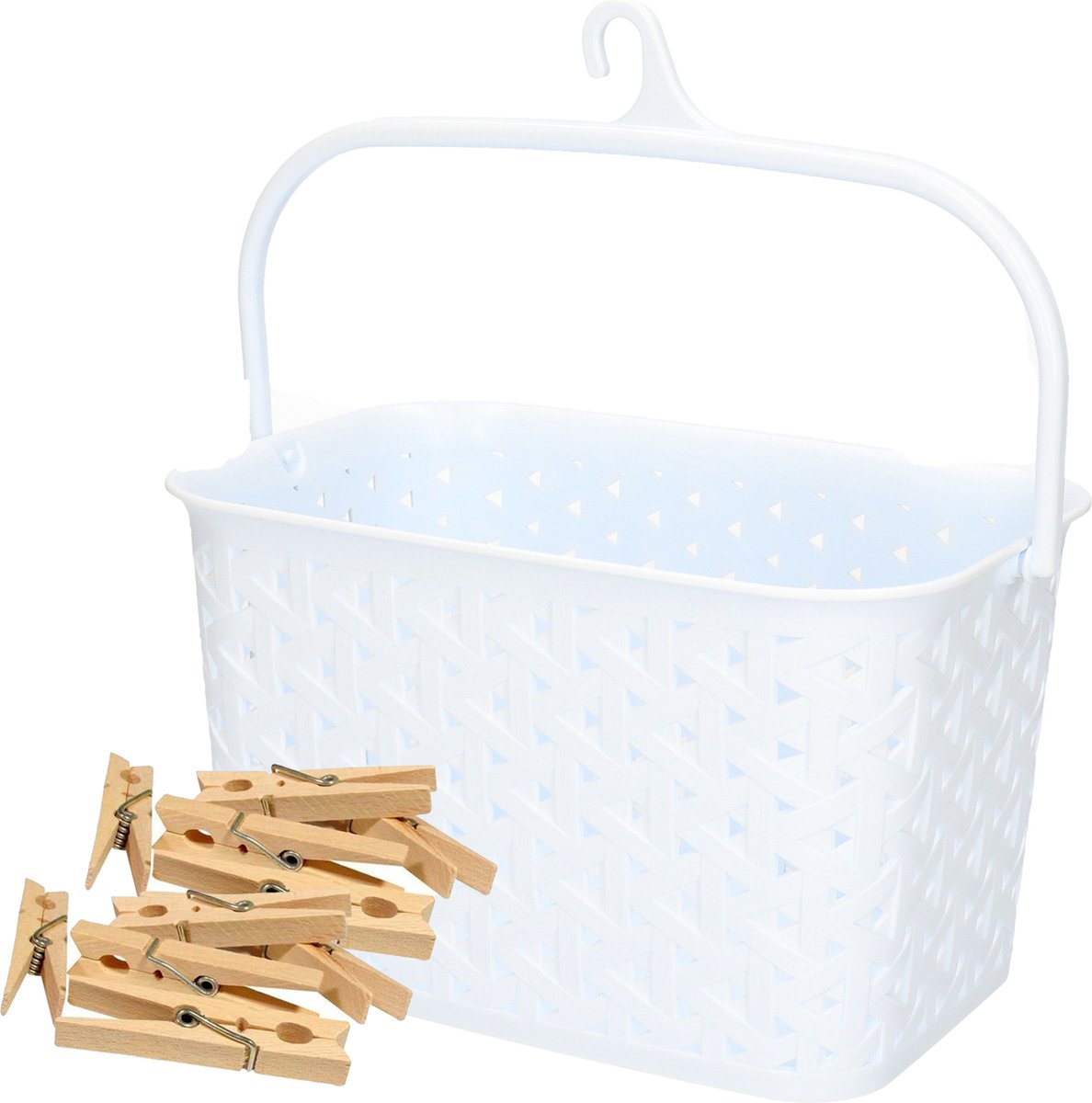 Goedkoopste Wasknijpers mandje met ophanghaak - wit - gevuld met 96x houten wasknijpers van 7 cm - was ophangen