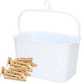 Panier à Épingles à linge avec crochet de suspension - blanc - rempli de 96x pinces à linge en bois de 7 cm - linge suspendu