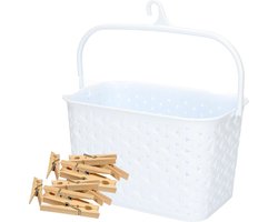 Wasknijpers mandje met ophanghaak - wit - gevuld met 96x houten wasknijpers van 7 cm - was ophangen