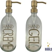 GS-500ml-Tr-Go-Go-Handgel handcreme Giftset | Zeepdispensers | 2 stuks | Handgel & Handcreme | Transparant Glas | Goud RVS Pomp | Duurzaam | Kado | 500ml