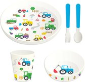 Vaisselle pour enfants Petits Tracteurs RPET - Set - Assiette & Couverts & Tasse & Bol - 18,5cm/13,5cm/8,5x7cm/5,5x11,5cm