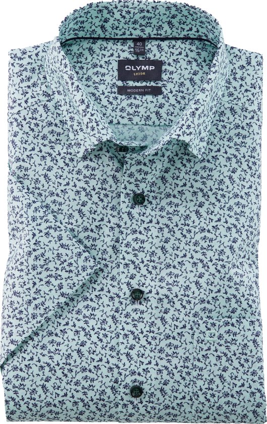 OLYMP Luxor modern fit overhemd - korte mouw - popeline - lichtgroen dessin - Strijkvrij - Boordmaat: 42