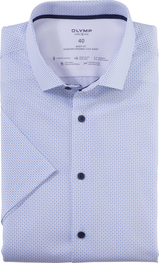 OLYMP 24/7 Level 5 body fit overhemd - korte mouw - Dynamic Flex - bleu dessin - Strijkvriendelijk - Boordmaat: 42