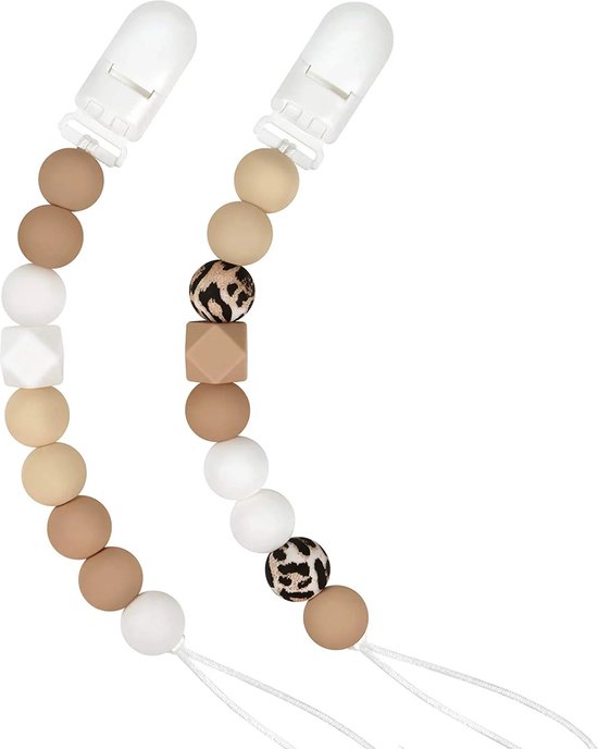 Twee beige speenkoorden met witte, beige, luipaardprint en beige geometrische kralen.