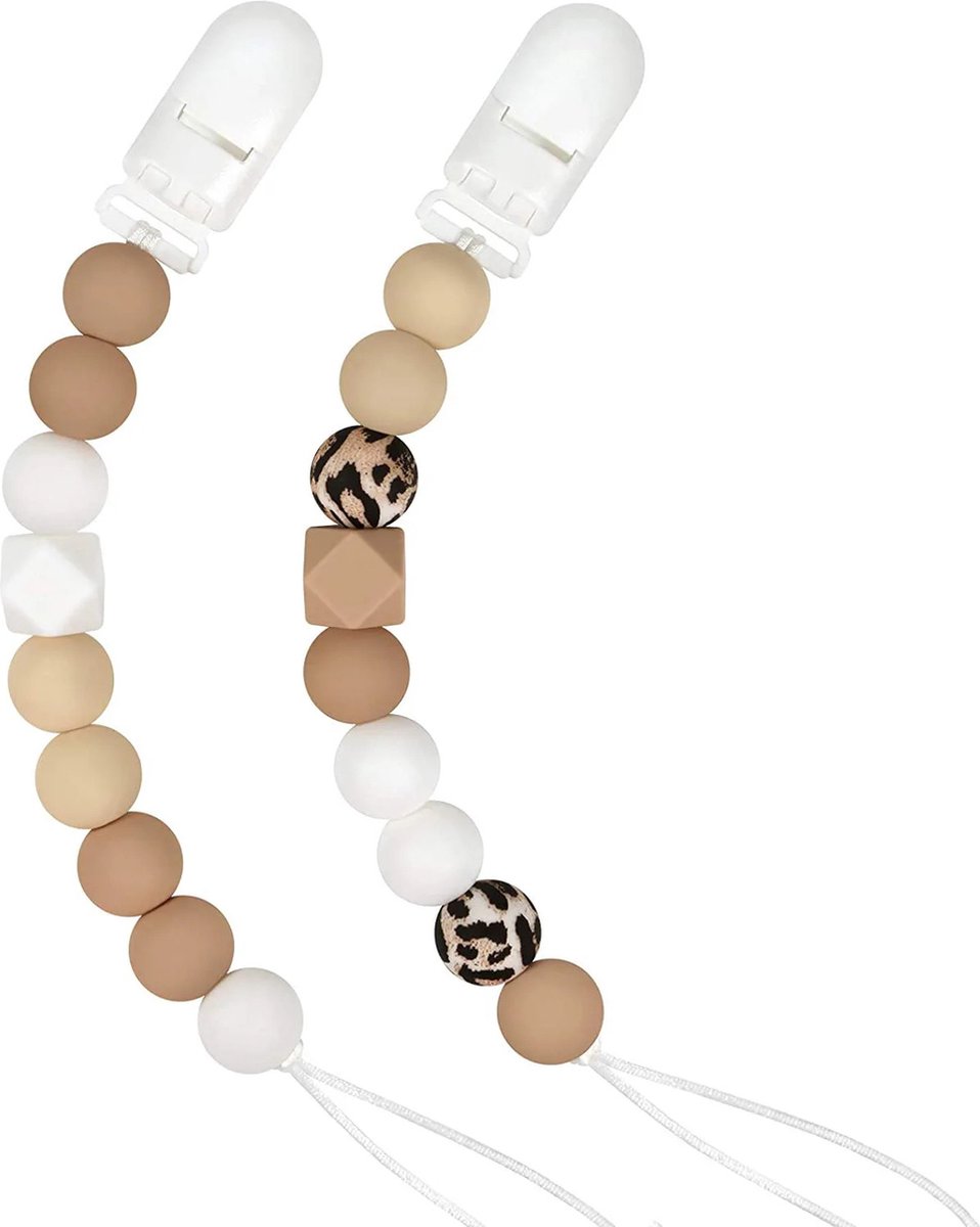 Goedkoopste 2 Stuks - Speenkoord Baby - Siliconen Kralen - Beige, Taupe, Luipaard Print