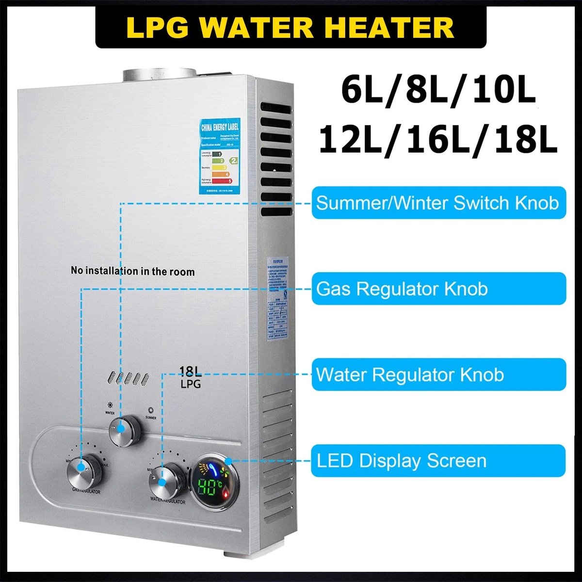 PEIXU 16 L, 32 KW, LPG-gas, Butaangas en Propaan Boiler, Gas