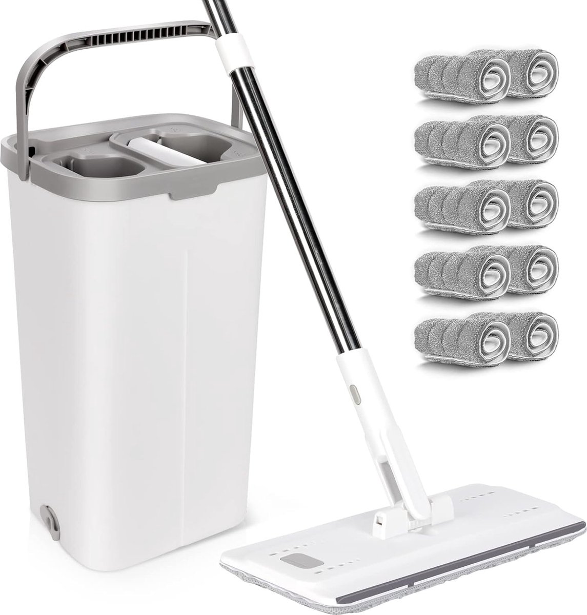Goedkoopste Mop en emmerset, platte vloerwisser met 132 cm verstelbare handgreep en 10 microvezel dweilpads, 2-in-1 schoonmaakemmer set met uitwringfunctie voor alle vloeren