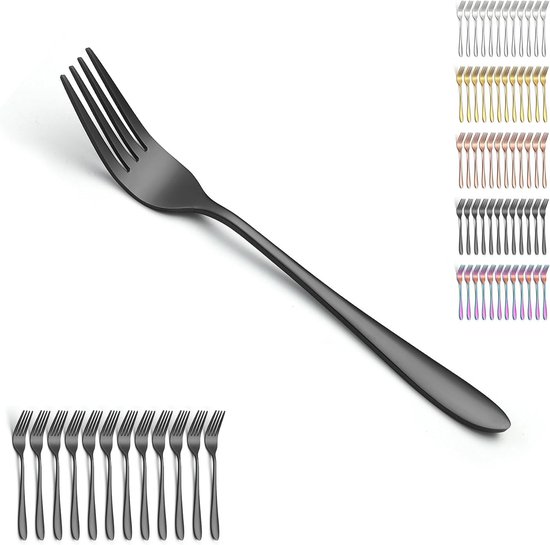 Zwarte tafelvorkenset met 12 stuks 20,5 cm, roestvrijstalen vorkset, vorken voor het diner voor thuis, restaurant, dagelijks eten, gemakkelijk te reinigen en vaatwasmachinebestendig