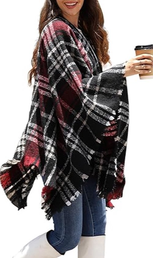 Poncho Cape dames warm open voorkant bedrukt gebreide plaid kwastje sjaal wrap oversized deken vest trui sjaal jas - Rood+Zwart