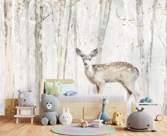 Forwall - Vlies fotobehang bos mist natuur bomen landschap Scandinavisch 208x146 cm - fotobehang - behang - voor woonkamer slaapkamer - vliesbehang behang behang 3D-effect - incl. lijm