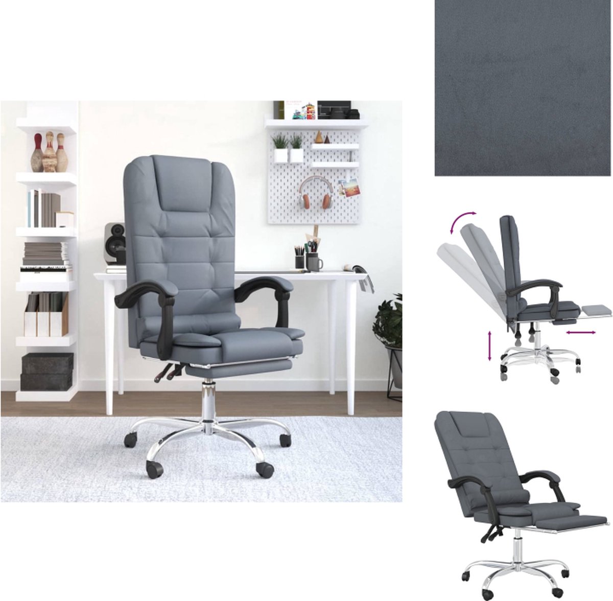 vidaXL Bureaustoel Verstelbaar - Fluweel - Massagefunctie - Donkergrijs - 63x56 cm - Stabiel - Bureaustoel
