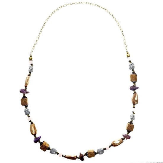 Behave Sautoir couleur or avec perles violettes et bois 90 cm