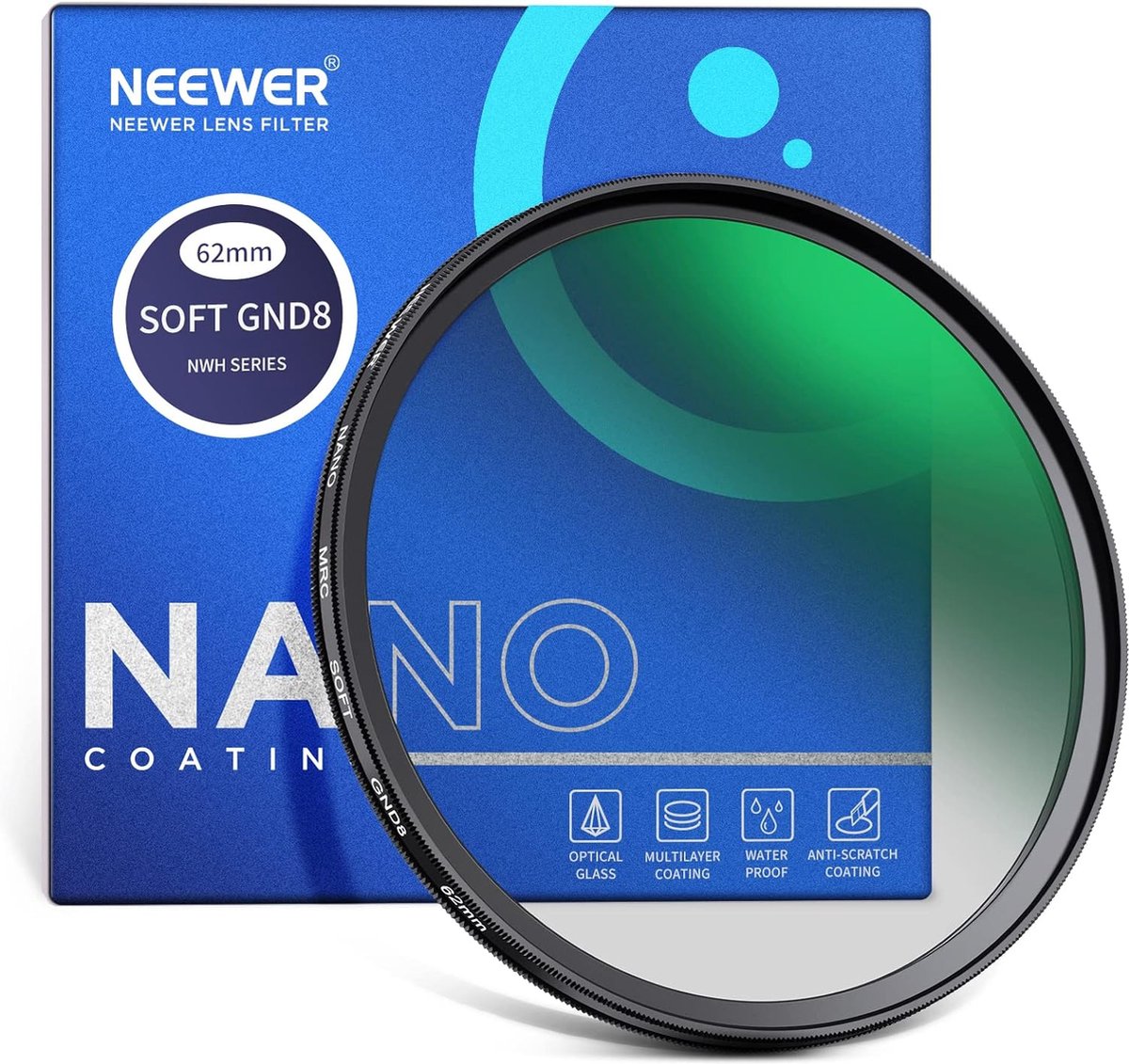 Neewer® - 62mm HD Zacht GND8 Neutrale Dichtheid Filter, Zacht Verloop, 3 Stops (0.9) met Nano Coating, 30 Lagen, Waterbestendig, Krasbestendig, Anti-Reflecterend