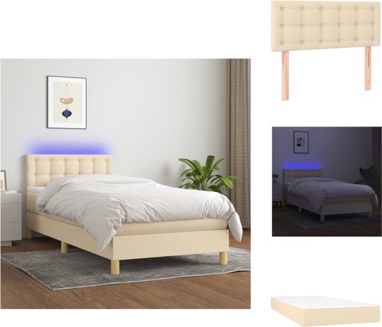 vidaXL Boxspring Bed - Crème - 203 x 100 x 78/88 cm - Verstelbaar hoofdbord - Pocketvering matras - Huidvriendelijk topmatras - Kleurrijke LED-verlichting - Bed
