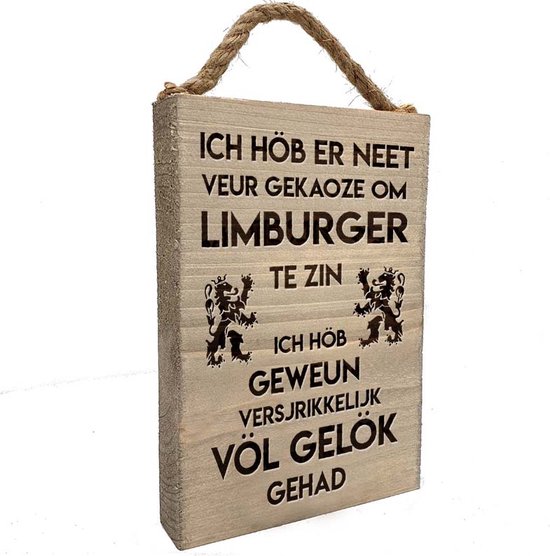 Limburgs tekstplankje "Völ gelök" | Lasergravure in steigerhout | Origineel Limburgs cadeau | Voor binnen en buiten | Met stoer ophangkoord