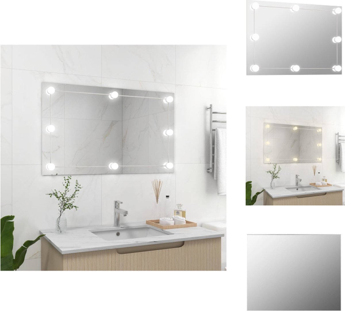 VidaXL Wandspiegel LED-lampen 100 x 60 cm Zilver Warmwit en Koudwit Glas EVA en Kunststof Spiegel