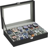 Boîte à montres avec 12 compartiments, boîte à montres, boîte à bijoux, avec couvercle en verre, coussins amovibles, serrure en métal, revêtement noir et doublure grise
