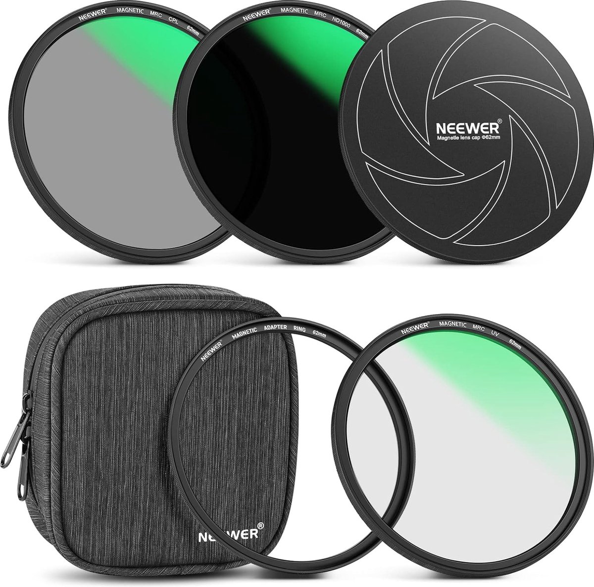 Neewer® - 62mm 5-in-1 Magnetische Lensfilter Set - ND1000, MCUV, CPL, Adapterring - 42-Laags Coating, Ultravlak Glas, Waterdichte Tas