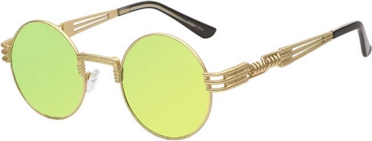KIMU ronde zonnebril limegroen heren - spiegelglazen steampunk goud
