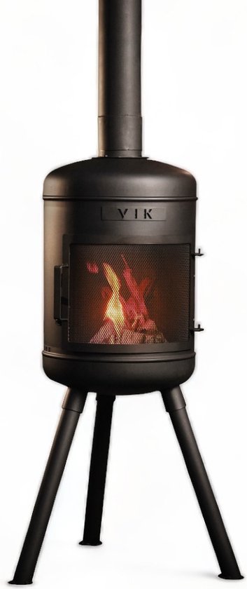 VIK Freya Tuinhaard met Schoorsteen - 138x35x35cm - Tuinkachel & Terrasverwarmer - Sfeerhaard voor buiten - Incl. Vonkenscherm - Zwart