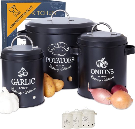Set voorraaddozen, perfect als aardappelpot, knoflookpan en uienpot, de