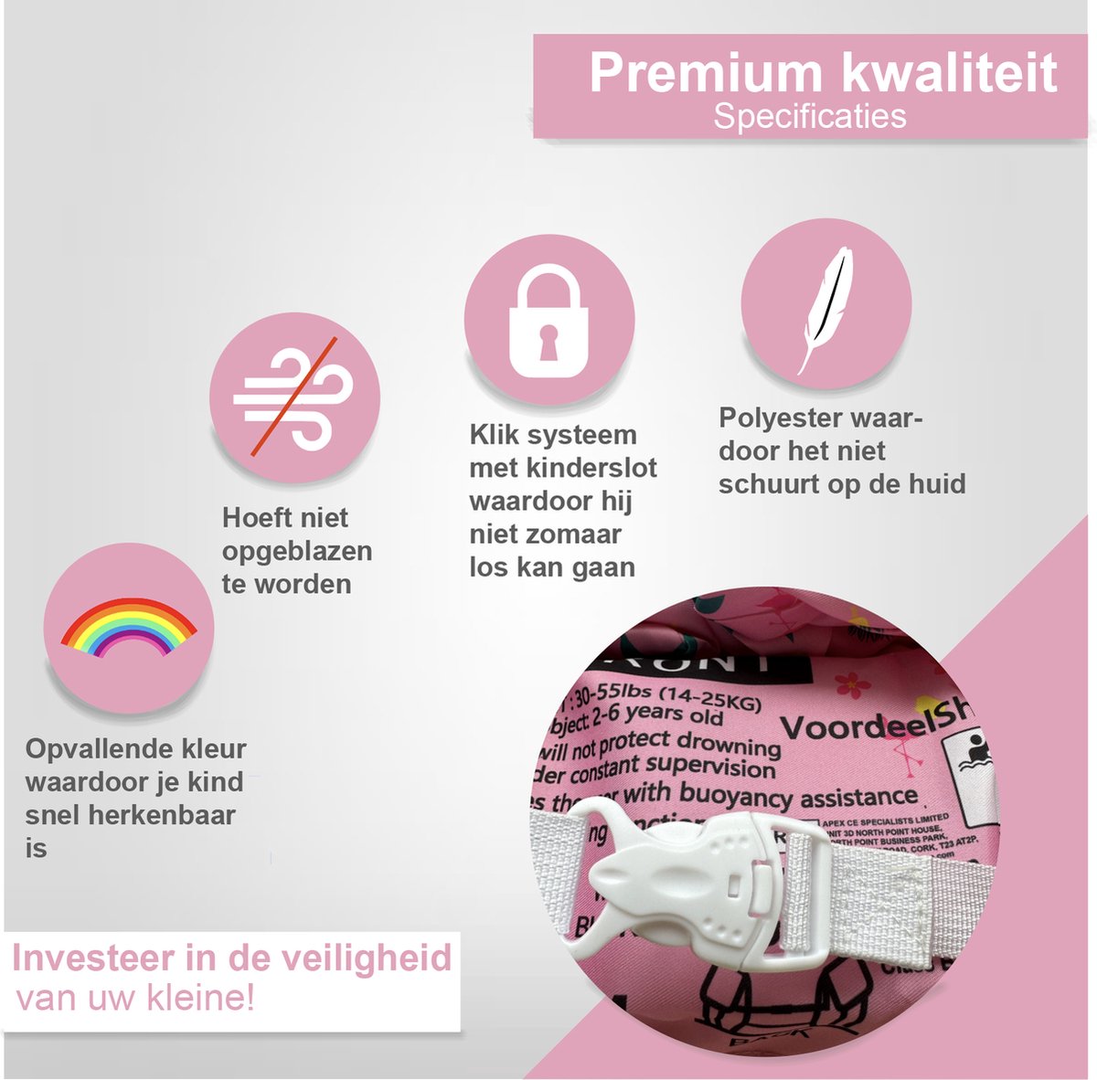 VoordeelShop® Puddle Jumper Zwemvest 2 - 6 Jaar - Incl. Veiligheidssluiting - Flamingo - Zwembandjes Drijfvest & Zwemvleugels - Swimtrainer & Zwemgordel - Zwemvest Kinderen - Peuter - 25 KG — afbeelding 4