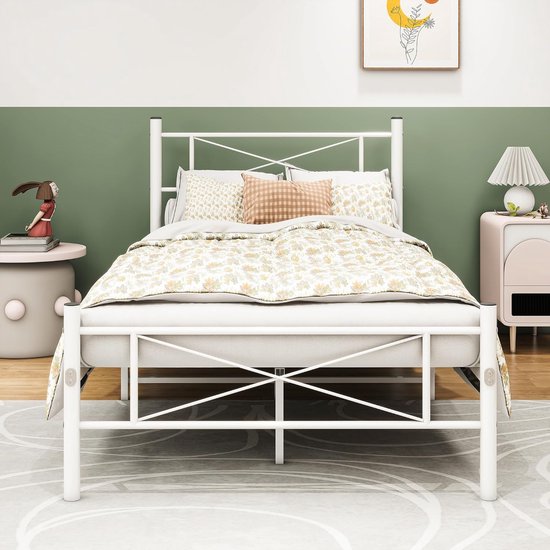 Metal Bed with Slatted Base Bed Frame with Headboard Single Bed Guest Bed Frame Single Bed Frame 90 x 200 cm White