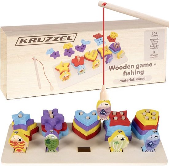 Playos® - Vormen Sorteren - Houten Visspel - 5 Vormen - Stapeltoren - Vormenstoof - Houten Stapelspeelgoed - Houten Puzzel - Educatief Speelgoed - Vissen - Kleuren en Vormen leren