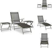 vidaXL Tuinstoel Aluminium/Zwart/Zilver 178x61.5x60cm - Verstelbare rugleuning - comfortabele textileen zitting - Inklapbaar design - Set van 1 stoel - 2 voetensteunen - Tuinset