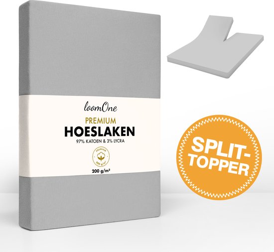Loom One Premium Splittopper Hoeslaken – 97% Jersey Katoen / 3% Lycra – 200x200 cm – tot 10cm matrasdikte– 200 g/m² – voor Boxspring-Waterbed - Grijs