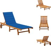 vidaXL Chaise longue en bois - Bois d'acacia - Dossier et repose-pieds réglables - Roues - Table extensible - Coussin bleu royal - 200 x 59/63 x 30/62/76/85 cm - Chaise longue
