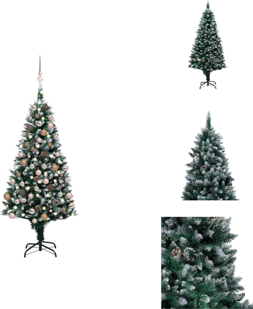 vidaXL Kunstkerstboom - 150 cm - LED-verlichting - Met witte sneeuw - Inclusief dennenappels - USB-aansluiting - Groen/wit - Glanzend roségoud/mat roségoud/glitter roségoud - Decoratieve kerstboom