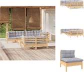 vidaXL Lounge set - Massief grenenhout - Hoekbank 63.5x63.5x62.5cm - Middenbank 63.5x63.5x62.5cm - Voetenbank/tafel 63.5x63.5x28.5cm - Grijs kussen - Tuinset