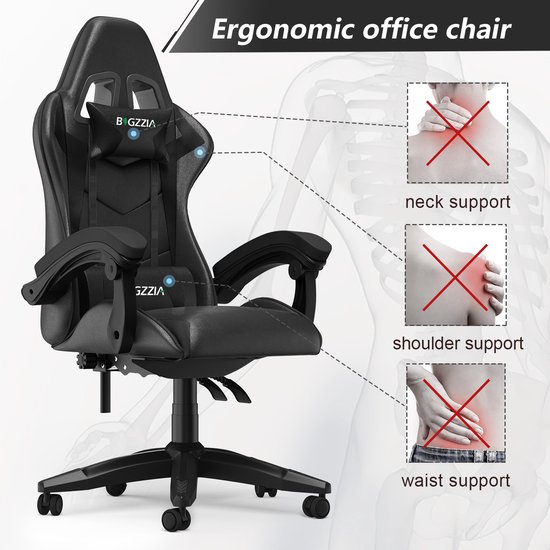 Zwarte ergonomische gamestoel met nek-, schouder- en lendensteun.