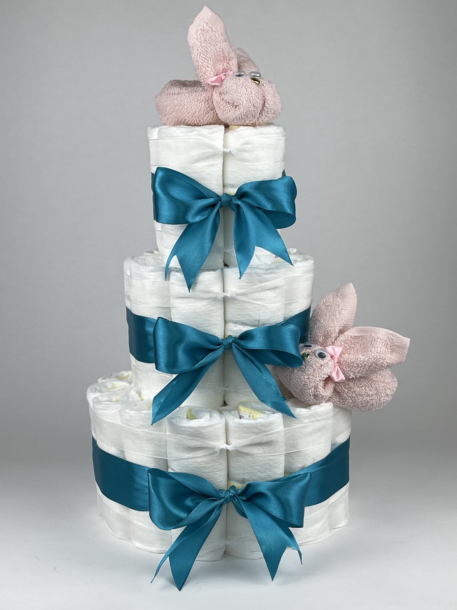 Chouette-Chouette | Luiertaart Meisje | Kraamcadeau | Geboorte Meisje | Babyshower | Konijnen Blush roze - Petrol