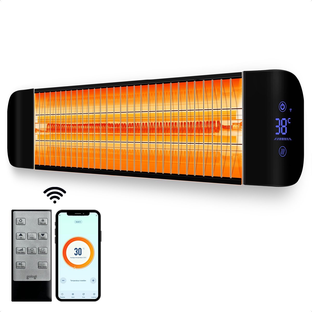 Bol.com Gologi Elektrische Terrasverwarmer - 2000W - Infrarood Heater - Bediening met App of Afstandsbediening - 87 x 16,5 cm - ... aanbieding