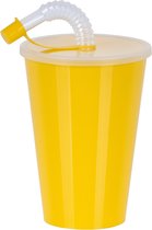 Juypal Drinkbeker met deksel en rietje - geel - kunststof - 450 ml - 12 x 9 cm